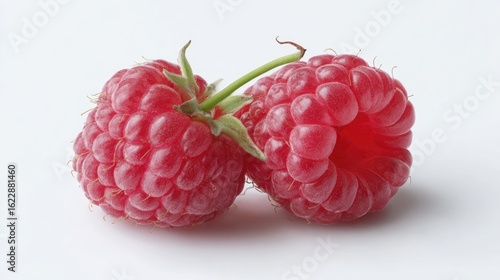 Luscious Raspberry Duo: A macro view highlights the intricate textures and vibrant hues of two fresh raspberries, perfect for culinary projects and health-focused content.