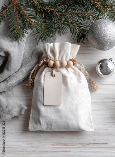 Simple cream-colored gift bag with a blank tag, nestled on a white wooden surface, surrounded by a gray linen cloth and Christmas decorations