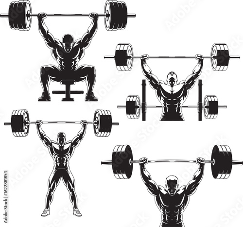 Weightlifters lifting barbells in various poses black and white vector illustration suitable for fitness gym body building  icons health and strength training and sports themes