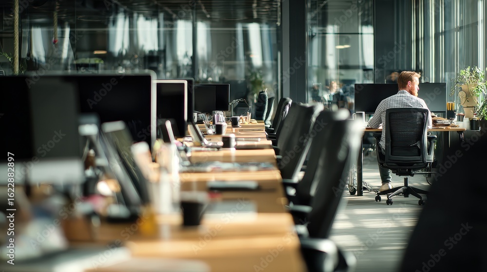 Obraz premium Sleek contemporary workspace with empty desks in rows, laptops, coffee mugs, chairs slightly pulled out, one man working alone, calm professional atmosphere, natural soft daylight