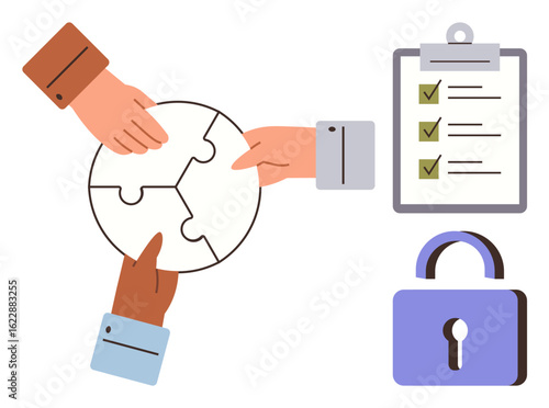 Three hands assembling puzzle pieces, a checklist with marked items, and a lock. Ideal for teamwork, collaboration, security, organization, strategy, goal-setting trust-building and a simple