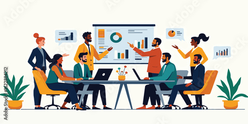 Successful business people work together as a team, collaborating on a project with a laptop and computer to achieve their goals