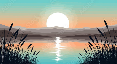 SImple grass. Minimalist Flat Landscape Lake and Mountain Scenery with Sunset Illustration