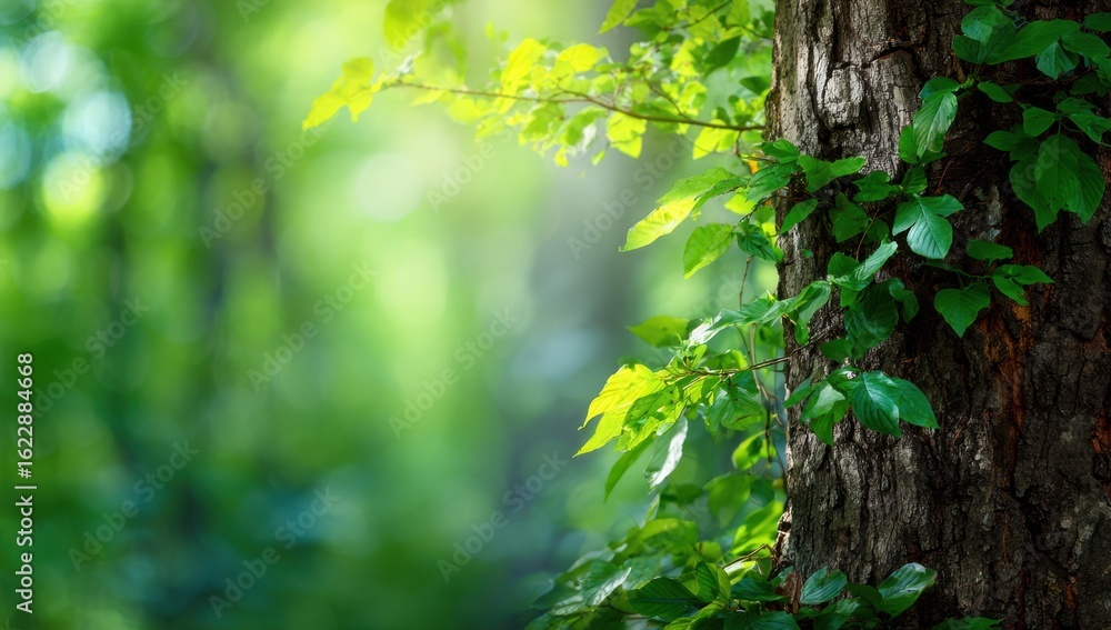 Obraz premium Sunlight streams through the lush green foliage, illuminating a textured tree trunk in a vibrant forest setting.