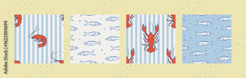 Set of Mediterranean summer whimsical seafood seamless pattern. Italian coastal hand drawn vector wallpaper collection. Nautical decorative fun kitchen retro ornament. Perfect for summer sea food menu