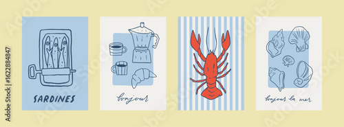 Set of Mediterranean summer whimsical print stamps. Coquette coastal hand drawn vector poster collection. Nautical decorative fun Italian retro cards. Perfect for summer sea vacation