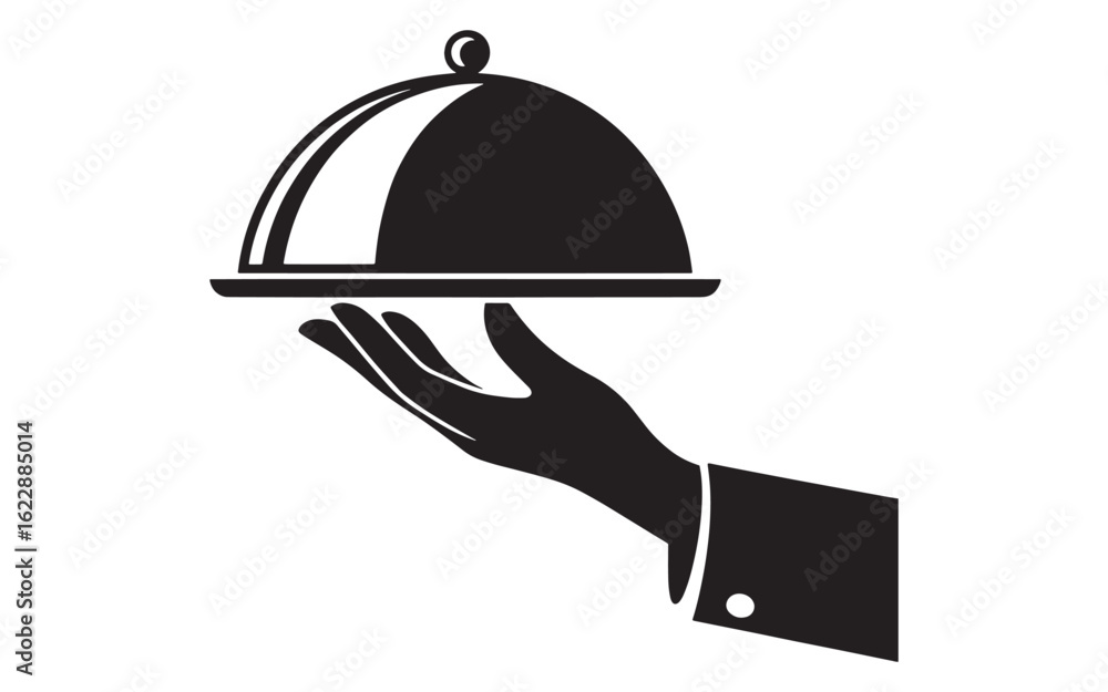 Fototapeta premium Black silhouette hand holding food serving cloche vector