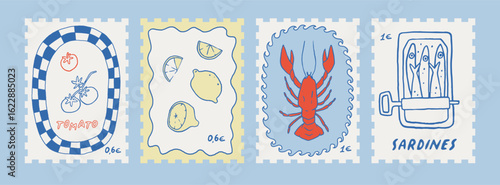 Set of Mediterranean summer whimsical print stamps. Coquette coastal hand drawn vector poster collection. Nautical decorative fun Italian retro cards. Perfect for summer sea vacation