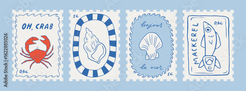Set of Mediterranean summer whimsical print stamps. Coquette coastal hand drawn vector poster collection. Nautical decorative fun Italian retro cards. Perfect for summer sea vacation