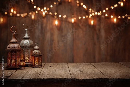 Three decorative lanterns on a wooden table, festive background
