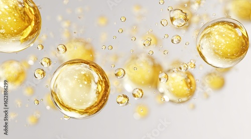 Golden spheres, translucent and bright, float in a light gray background