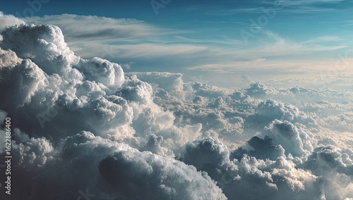 A vast expanse of cumulus clouds, seen from high above.  Massive, puffy clouds of varying shades of gray and white fill the frame, stretching to the horizon. 