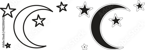 Night sky icon with crescent moon and stars representing clear and peaceful nighttime with transparent background