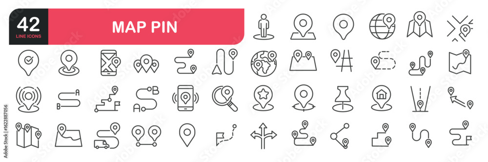 Fototapeta premium Set of line icons related to map pin, location, GPS. Outline icons collection. Editable stroke. Vector illustration
