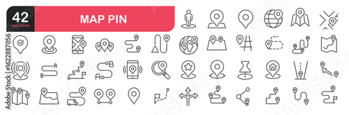 Set of line icons related to map pin, location, GPS. Outline icons collection. Editable stroke. Vector illustration