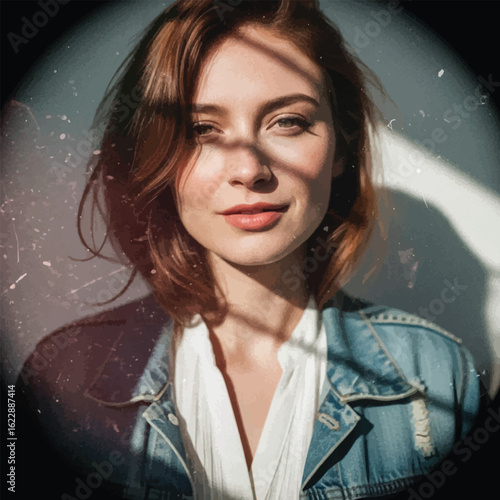 Portrait of a young woman with auburn hair, wearing a denim jacket, smiling in sunlight casting shadows on the wall.