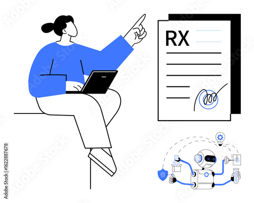 Woman pointing at electronic prescription while holding laptop, robot automating medical tasks. Ideal for healthcare tech, AI in medicine, e-prescriptions, automation, innovation, telehealth, simple