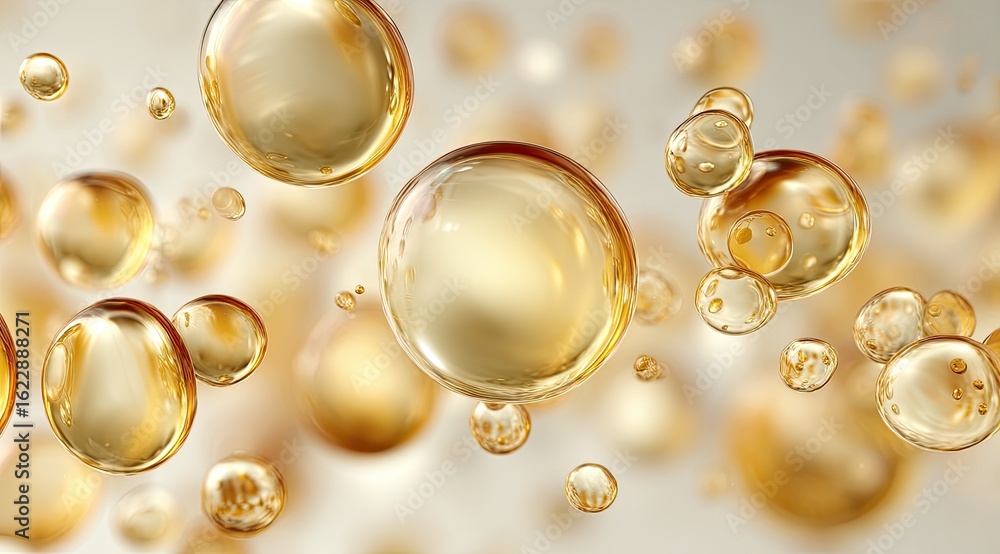 Fototapeta premium Golden spheres, translucent and glossy, float in a soft, light beige background