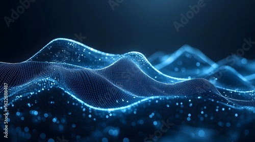 Abstract digital landscape of shimmering blue particles.