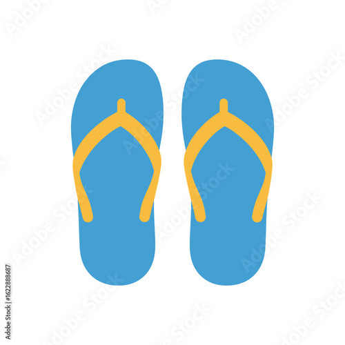 Pair of blue flip flops with yellow straps on white background