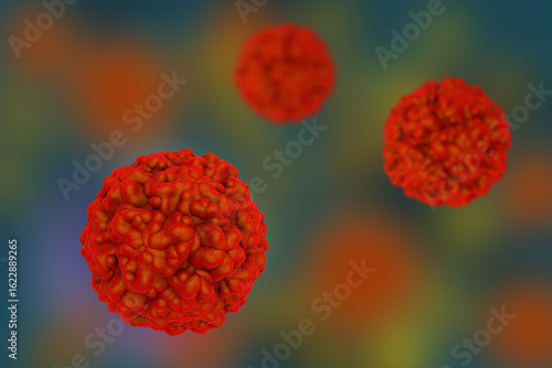 Rhinoviruses, 3D illustration showing viral particles responsible for the common cold, with detailed surface protein structure.