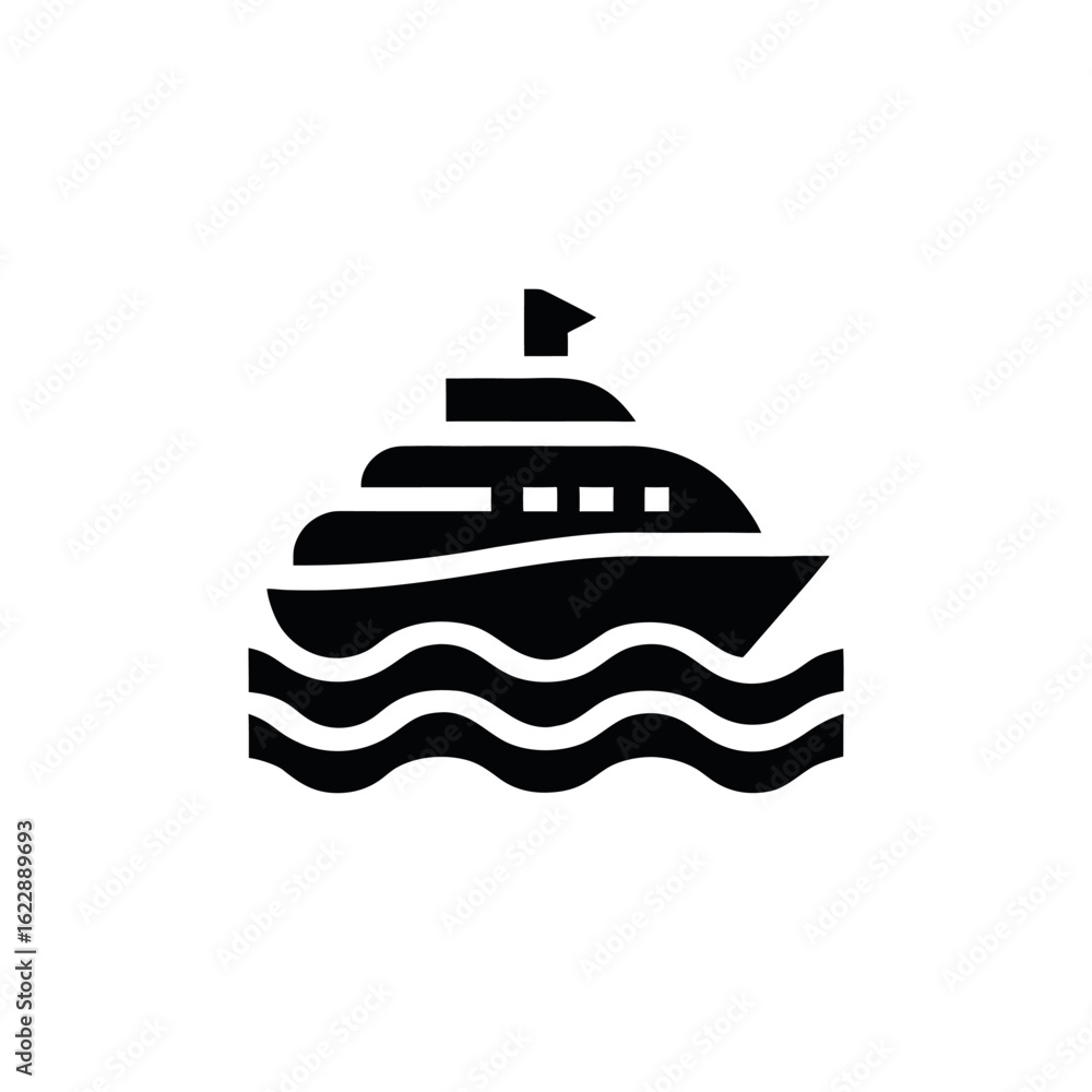 Obraz premium Vector art of ship sailing on wavy water, black and white icon