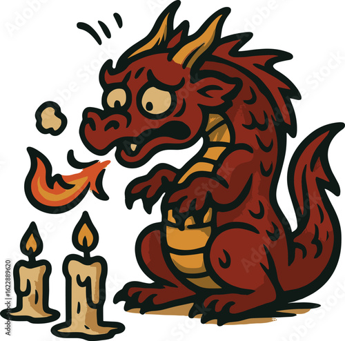 Funny dragon trying to light candles with tiny flame breath in whimsical vector illustration