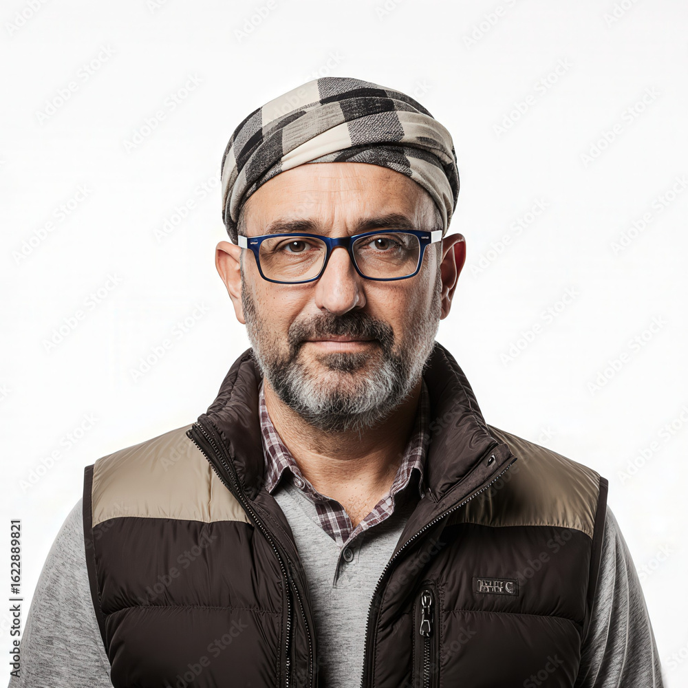 Fototapeta premium Portrait of a thoughtful man with glasses and turban: A close-up shot of a man with a serene and contemplative expression. He is wearing spectacles and a traditional turban.