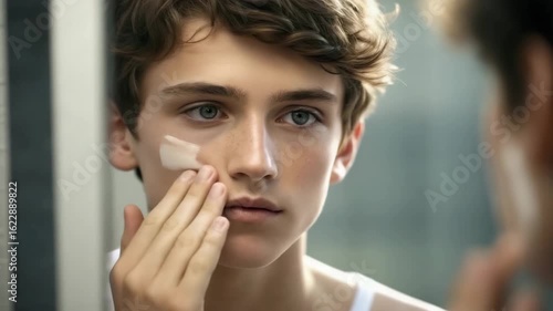 Young male examines skin in mirror, applying skincare solutions focused on dermatology and acne for clear, healthy skin grooming