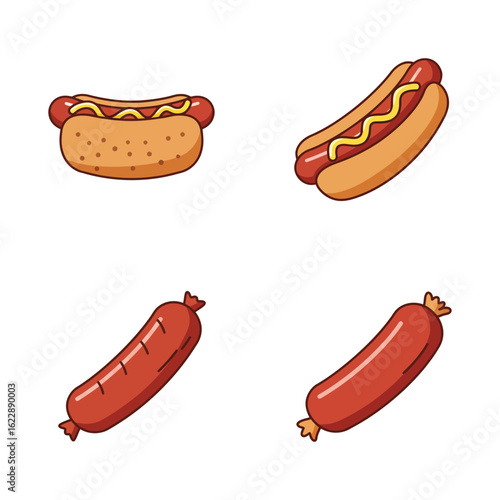 Cartoon Hot Dogs and Sausages on White Background Fast Food Illustration