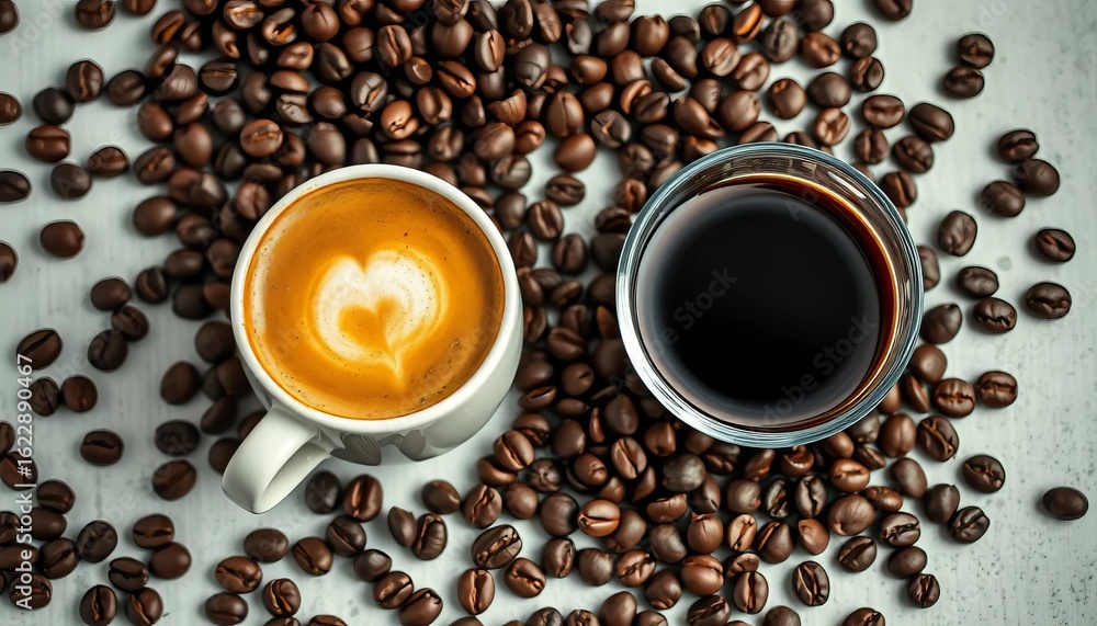 Obraz premium Dark roasted coffee beans scattered around espresso, latte, cappuccino, morning coffee, texture