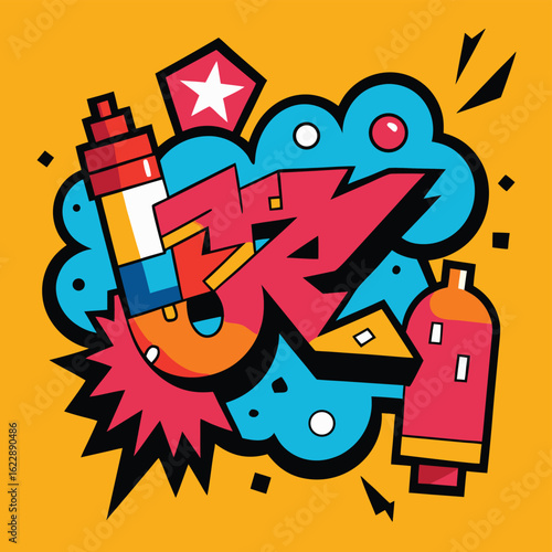 Vibrant graffiti art illustration with wildstyle letters and spray cans