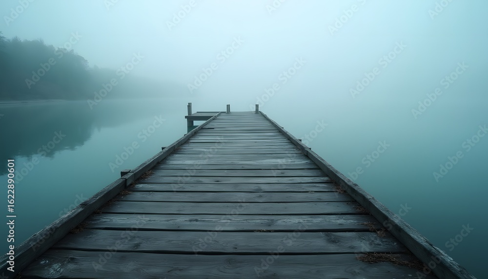 Fototapeta premium Wooden Pier in the fog Extending into Misty Teal Lake 
