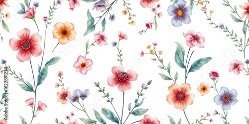 Delicate watercolor wildflowers & leaves on faded pastel background, seamless repeat for vintage aesthetic,  textile,  faded