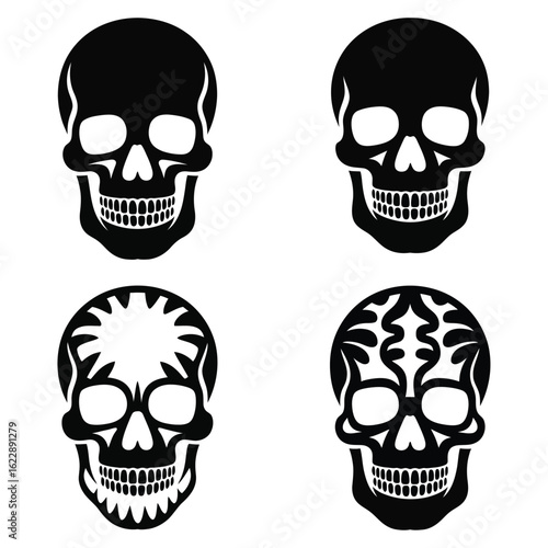 A set of 4 skull and bone inspired tribal silhouettes, fully black, white background, no text.