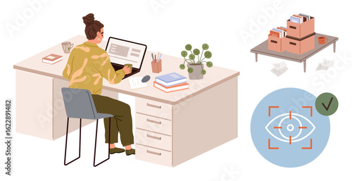 Woman working at computer desk with organizer files, lighted table, houseplant, and paperwork. Ideal for productivity, organization, paperwork, planning administration focus minimalism. A simple
