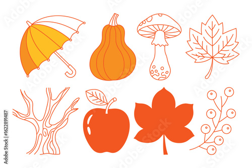 A collection of orange line art illustrations featuring autumnal elements like a pumpkin, apple, and leaves against a white background.