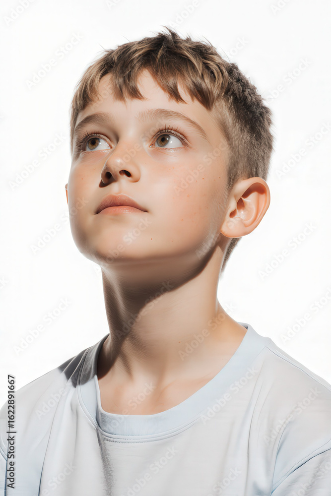 Young Boy's Contemplative Gaze: A portrait captures a young boy lost in thought, his eyes fixed on a point beyond the frame, embodying innocence and the world of a child's imagination. Young Boy's Contemplative Gaze: A portrait captures a young boy lost in thought, his eyes fixed on a point beyond the frame, embodying innocence and the world of a child's imagination.