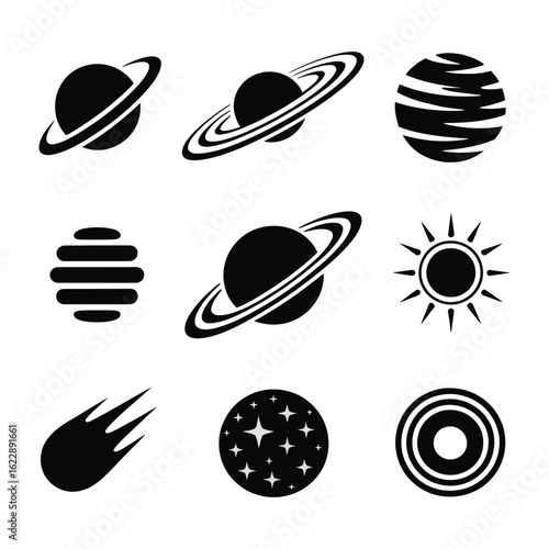 A set of 9 completely filled black planetary and galaxy shapes - rings, orbits, meteors, on white