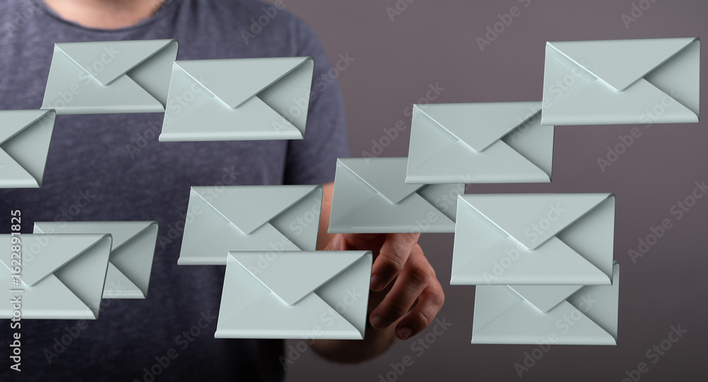 Person digitally managing many emails. Concept of inbox overload, email management. Person digitally managing many emails. Concept of inbox overload, email management.