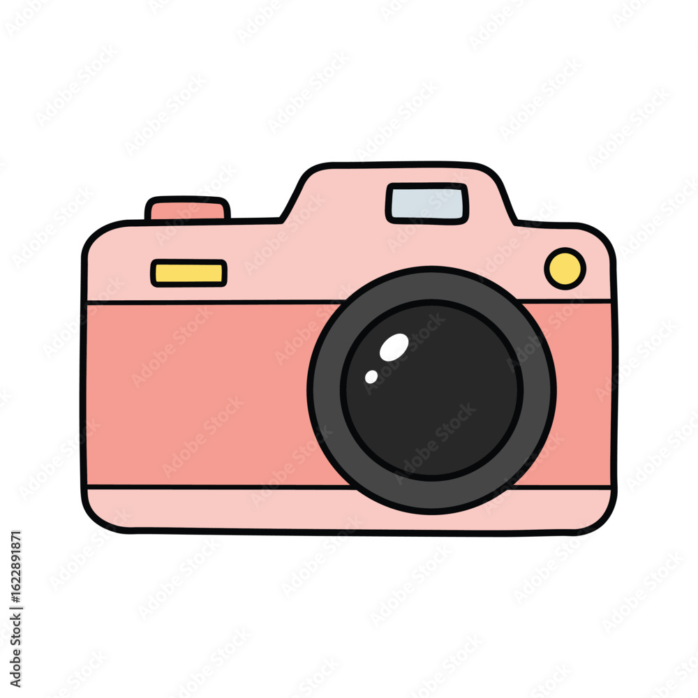 Cute Pink Camera Illustration with Black Outline and Lens on White Background Cute Pink Camera Illustration with Black Outline and Lens on White Background