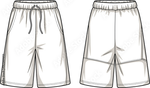 Men’s long shorts fashion template, technical flat sketch front and back, vector illustration, sportswear CAD drawing, apparel design mockup