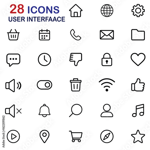 UI Icon Collection: A minimalist collection of 28 user interface icons, designed for modern web and app design, encompassing essential functions. 