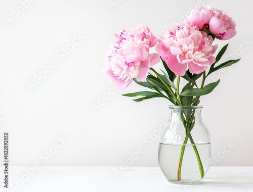 Wallpaper Mural Pink peonies in glass vase on white table with natural light and minimalist white background, elegant floral arrangement with clear details Torontodigital.ca