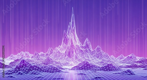 Futuristic Digital Mountain Landscape with Neon Purple Grid and Data Visualizations