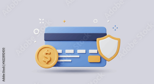 Rendered illustration of a credit card, coin, and shield representing financial security and payment protection.