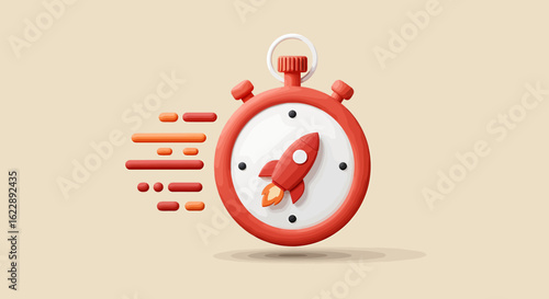 A 3D rendered illustration of a red stopwatch with a rocket ship taking off, showing speed.