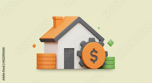 3D rendering of a house with dollar coin gear, illustrating home finance and investment.