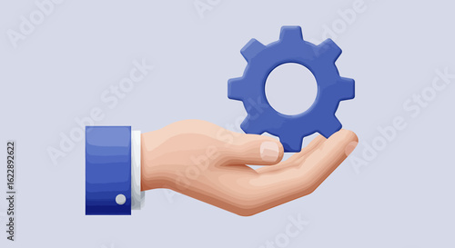 A helping hand offers a blue gear, symbolizing support and solutions.