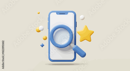 Smartphone search, magnifying glass, star, 3D render, app review, online rating.